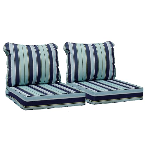 Image of AAAAAcessories Outdoor Seat Cushions for Chairs, Fade-Resistant, Waterproof Patio Furniture Replacement Cushions, 25.5 inch x 25.5 inch x 5 inch + 25.5 inch x 19 inch, Set of 2, Ash Teal Seaside Stripe