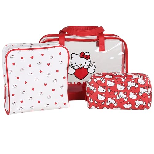 Hello Kitty Set de Vanity Case de Voyage zippé, 3 pièces, Rouge et Blanc, différentes Tailles