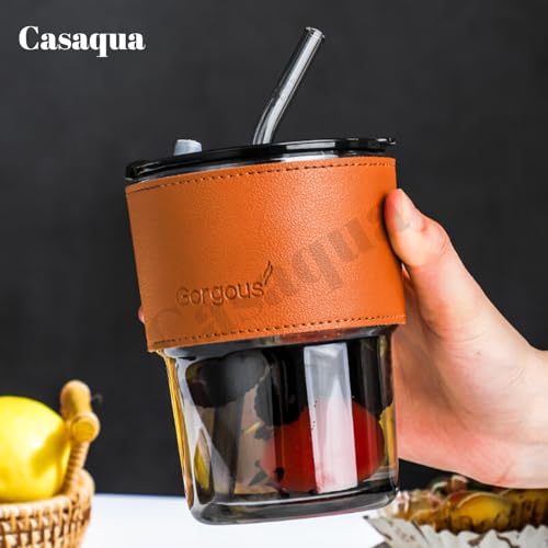 Image of Glass Tumbler with Leather Sleeve & Glass Straw - 400ML, Set of 1, Leakproof Lid, Reusable Travel Coffee Cup for Hot & Cold Drinks, Iced Coffee, Smoothies, Juice, Water, Office (Random Color)