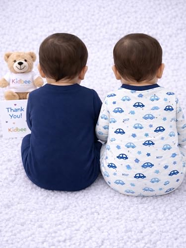 Image of Kidbee Baby Cotton Romper Pack of 2 | 100% Soft Cotton Hosiery | Front Open Snap Buttons | Full Sleeve Footed Sleepsuit | Newborn Baby Clothing Set