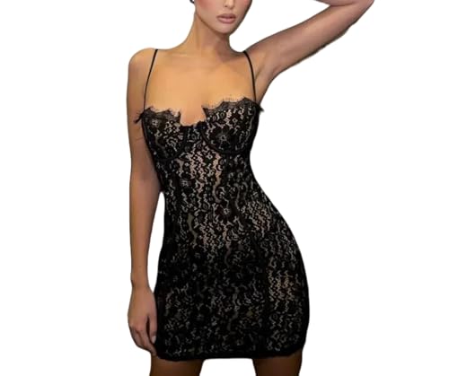 Women Sexy See Through Lace Spaghetti Strap Mini Package Hip Bodycon Party Streetwear Dress