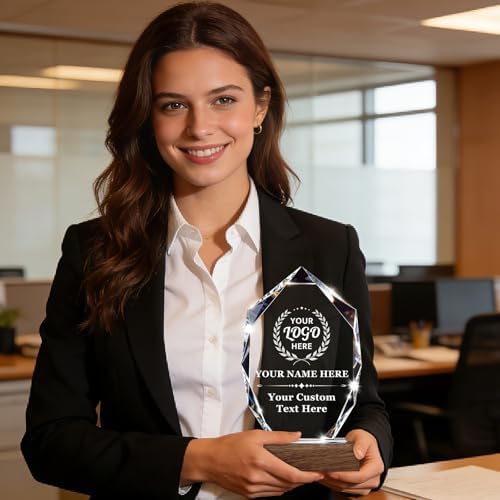 Custom Crystal Trophy Award with Wood Base, Personalized Plaque Engraved with Logo Text for Retirement, Difference Maker, Employee Appreciation Gifts for Coworker - 1