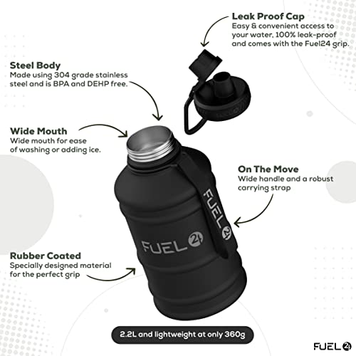 Image of Fuel24 Stainless Steel Jug - 1.3 or 2.2 Litre Water Bottle - Extra Strong, BPA Free, Leak Proof - Large Gym Sports Bottle, 1.3L, 2.2L, Metal Bottle - Colour Options