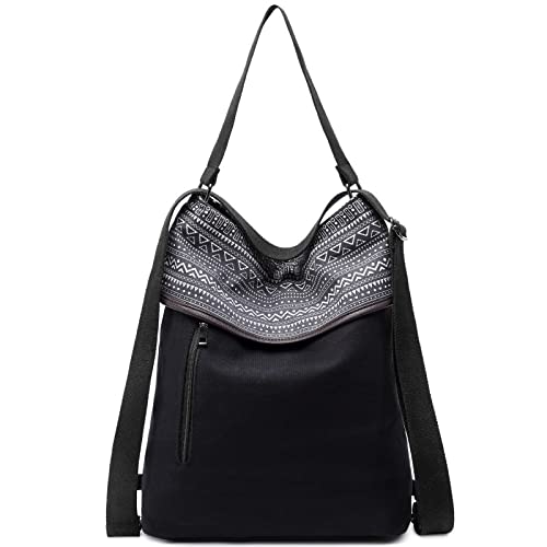 Travistar Damen Schultertasche Canvas Rucksack Groß Handtasche Vintage Umhängetasche Anti Diebstahl Hobo Tasche für Alltag Büro Schule Ausflug Einkauf - Gedruckt Schwarz
