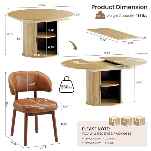Image of MALOL 47 inch-63 inch Extendable Round to Oval Dining Table Chairs Set for 4-8, Modern Wooden Kitchen Table and Chairs with Hidden Storage and Fluted Design for Dining Room /Small Space(Natural Wood and Brown)