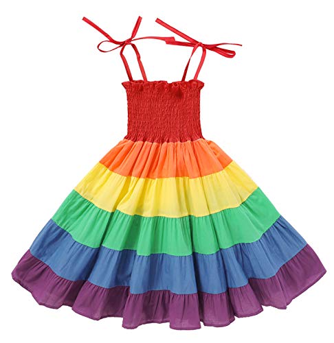 Girl Dresses, Summer Girls Beach Rainbow Dress Girls Sleeveless Sling Perform Party Cotton Tutu Dress (Colours, 3-4 Years)