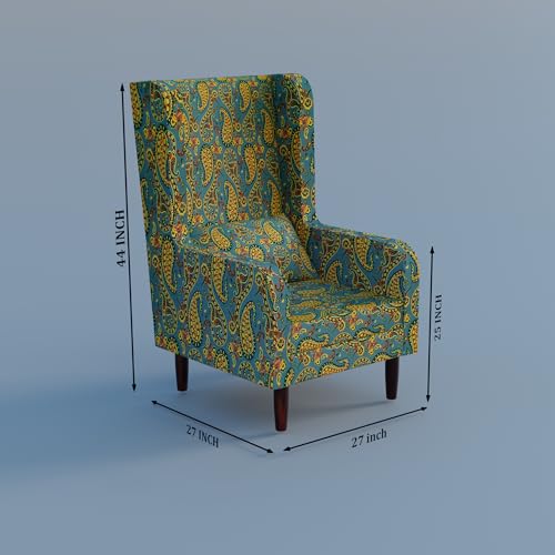 Image of Custom Decor Wooden Wing Chair with Ottoman Stool | Wingback for Living Room | One Seater Sofa | High Density Foam | Accent Chair for Seating and Home Decor Furniture | (Peacock Paisley, With Ottoman)