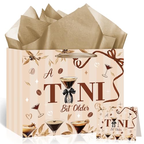 A Tini Bit Older Gift Bag for Martini Party Decorations Espresso Birthday Party Favors Gift Bag with Card and Wrapping Paper Brown Martini Bachelorette Gift Wrapping Bags for Coffee Tini Bar Bridal Shower