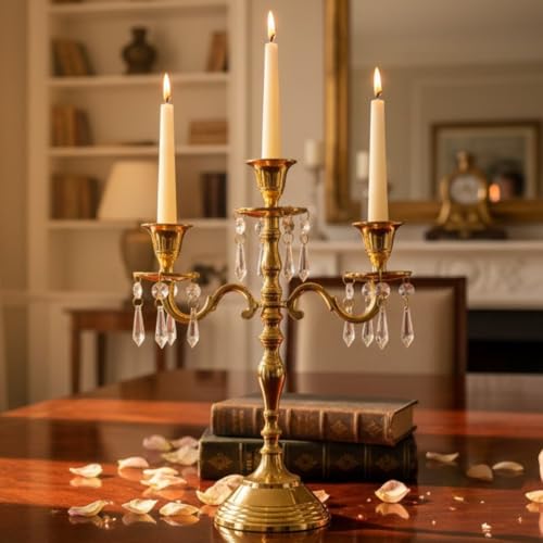 Image of Premium 3-Arm Candle Stand, Luxury Centerpiece with Crystal Hangings, Premium Aluminum Build, Sturdy Tabletop Base, Golden, 12inch