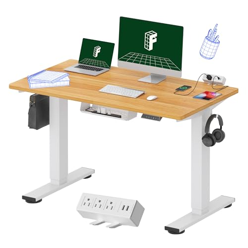 Image of FLEXISPOT EN2 Whole-Piece Standing Desk with Clamp Power Strip, 48 x 24 Electric Height Adjustable Desk with Cable Management for Workstation (White Frame + 48 inch Maple Top)