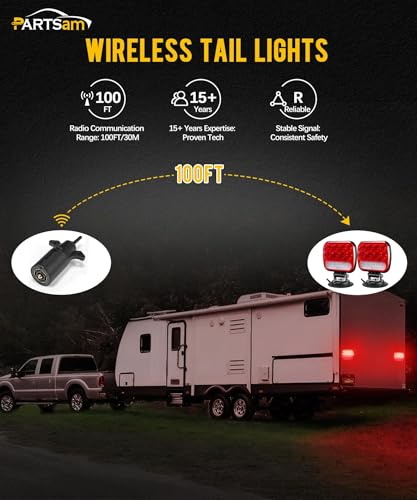 Image of Partsam Wireless LED Trailer Light Kit Magnetic Towing Tail Light Portable Universal Stop Turn Running Backup Reverse Red+Clear Lens w / 7-Pin Plug Dual USB Cable Charger for Trucks Trailers 12-24V