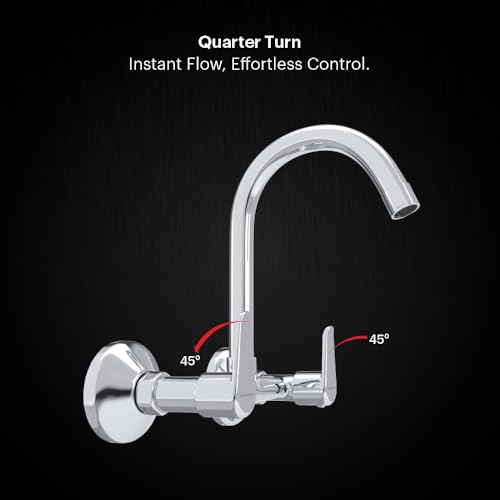 Image of Johnson Sega Brass Wall Mounted Kitchen Sink Mixer Tap with 360 Swivel Spout | Hot & Cold Water Faucet | Chrome Finish | 2 Flanges Included | 10 Years Warranty