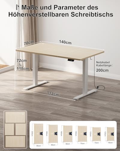 Bild 2 - Homall Höhenverstellbarer Schreibtisch 140x70cm mit USB-A Ladeanschluss, Elektrischer Schreibtisch mit Kabel Management Tray, Standing Desk mit 3 Memory Funktion, Computertisch Beige
