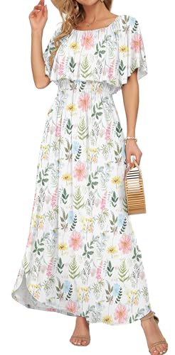 Image of AUSELILY Womens Off Shoulder Ruffle Split Summer Maxi Dresses with Pockets | Off-shoulder Ruffle dress with empire waist & side split for summer beach and casual parties