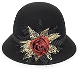 Women's Classic 1920's Wool-Cloche-Hat Vintage Bowler-Hat Cloche-Bucket-Cap with Rose Bow
