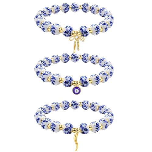 Beads Bow Charm Bracelet for Women Blue Flower Vintage Handmade Stretch Bracelet Evil Eye Italian Horn Beaded Romantic Dainty Jewelry