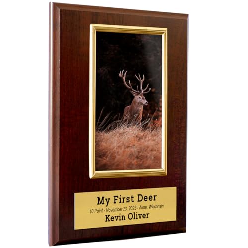 Hunting Plaque, 8x10 Inches, Personalized with Name, Date, Location and Animal Type, Gold Frame hold 4 x 6