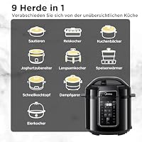 Midea Elektrischer Schnellkochtopf 6L, 9-in-1 Multikocher mit 14 Funktionen, Joghurtbereiter, Reiskocher, Slow Cooker, Sous Vide, Dampfgarer, Nudelkocher, Edelstahl Innentopf, Schwarz – Ansicht 3