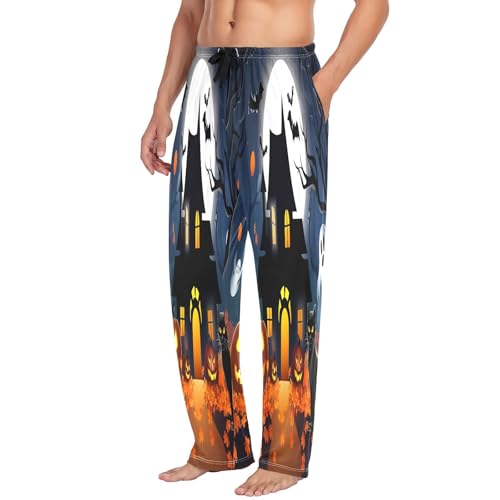 Qilmy Castles & Halloween Pumpkins Men's Cotton Pajama Pants, Lightweight Lounge Sleepwear with Drawstring and Pocket4