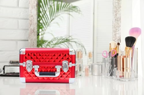 Image of Adson Professional Makeup Box Cosmetics Case Jewelry Organiser Vanity Make Up Storage Box Beauty Train Case Lockable with Keys (Candy Red)