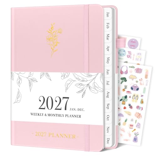 2027 Planner, Weekly and Monthly Calendar Book with Tabs 5.8"x8.3" | Jan 2027 - Dec 2027, A5 Leather Hardcover Academic Agenda with Inner Pocket for Office & School, Pink