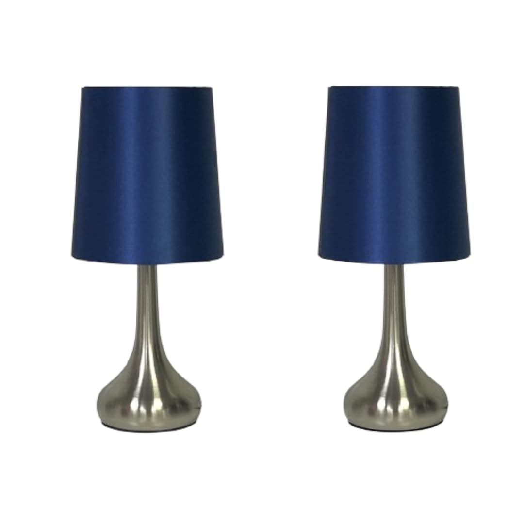 Monal Navilux Modern Chrome Teardrop Touch Table Lamp with Navy Faux Silk Shade | 4-Stage Dimmable | Silver Brushed | Stylish Lighting for Bedroom, Living Room, Office (Pair Lamps)