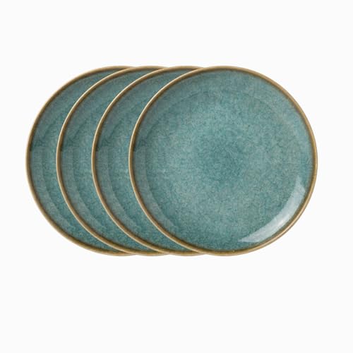 Image of Freakway Handcrafted Stoneware Ceramic Dinner Plates, Teal Reactive Glaze, 10-Inch, Microwave & Dishwasher Safe, Set of 4