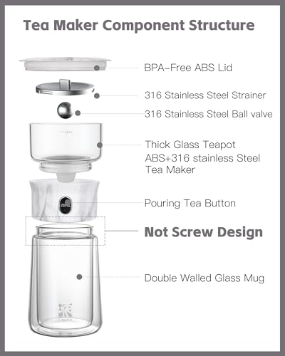 Image of ZENS Modern One Touch Tea Maker, Glass Teapot with Infuser for Loose Leaf Tea Diffusers, Mess-Free Smart Pouring with Insulated Mug and Portable Tea Kits for Tea Lover Gifts