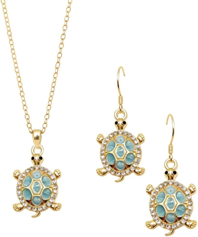 Pingyongchang Cute Turtle Necklace Earrings Set for Women Colorful Rhinestone Enamel Turtles Jewelry Set Ocean Sea Animal Beach Holiday Jewelry Gifts
