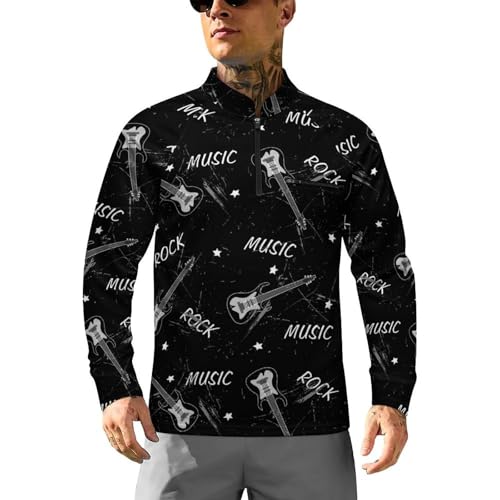Musical Guitar and Gray Grunge Men's Rash Guard Long Sleeves Quick Dry Fishing Workout Shirts with Zipper