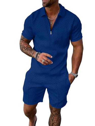 Men's Summer Track Suit 2-Piece Shorts Set 1/4 Zip Polo