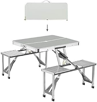 Portable Folding Table Conjoined Stool Aluminum Alloy Metal for Camping Travel Outdoor RV Picnic Park Beach Party Dining Patio, Yard, Porch and Backyard with Handle & Umbrella Hole Seats Chairs Set