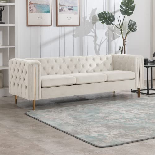 Mjkone Velvet Upholstered Sofa Couch, Button Tufted Sofa With Rose Gold Metal Sofa Legs, Couch For Living Room/Apartment/Office (Beige, Sofa) #TOP14