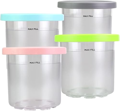 OKEPOO Recipientes de repuesto para Ninja Creami  Contenedor de pinta de helado con tapa de silicona, paquete de 4, vasos de 16 onzas, compatible