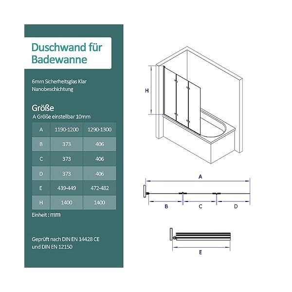 EMKE Duschwand für Badewanne 130x140cm, Duschtrennwand für Badewanne 3-teilig Faltbar Badewannen Duschwand, 6mm Sicherheitsglas Duschabtrennung Badewanne Badewannenaufsatz – Bild 7
