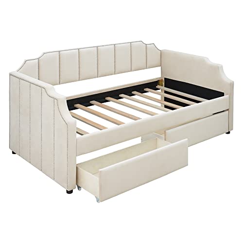 Elegant Velvet Upholstered Daybed,Twin Size Upholstered Daybed With Drawers And Rivets Decoration,Wooden Daybed With Wood Slat Support For Living Room (Beige-Upholstered Daybed) #TOP4