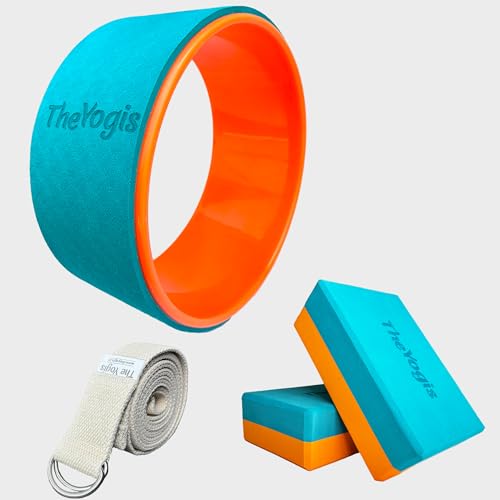 Image of The Yogis Yoga Wheel and Block Set, 13x5.7inch Wheel with 2 EVA Foam Blocks & 1 Yoga Belt, Turquoise and Orange