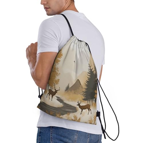 Autumn Forest Deer Scene Drawstring Backpack Lightweight Sports Gym Bag With Adjustable Shoulder Straps For Fitness Yoga Travel Soccer Volleyball Small3