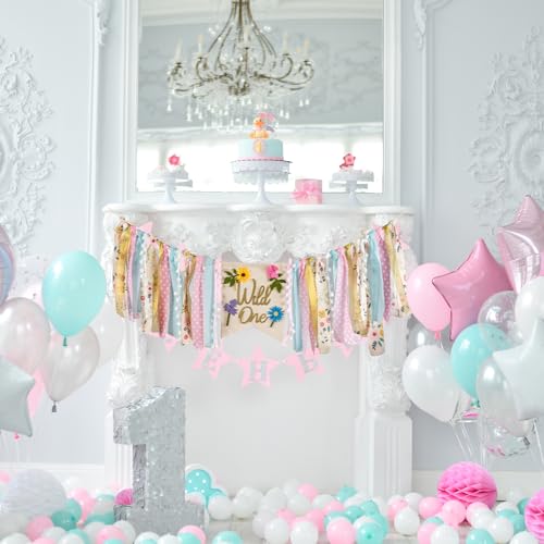 Image of Wildflower High Chair Banner - Floral inchWild One inch First Birthday Decor for Girls, Spring Theme Highchair Garland, 1st Birthday Party Decoration, Baby Shower Photo Backdrop