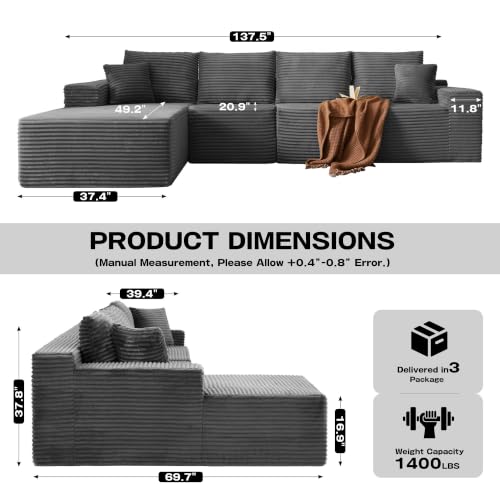 Image of 96 inch Sectional Couches for Living Room Cloud Couch Sofa with L-Shape Upholstered Boneless Couchs Modern Modular Sectional Couch with Chaise (Dark Grey, 136 inch L Shaped with Left Facing Chaise)