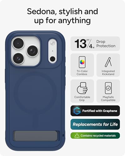 Image of ZAGG Sedona Snap Case with Kickstand for iPhone 17 Pro - Navy Blue, Drop Protection (13ft /4m), Multi-Layer Protection, with Camera Button, MagSafe Phone Case with Impact-Absorbing Bumpers