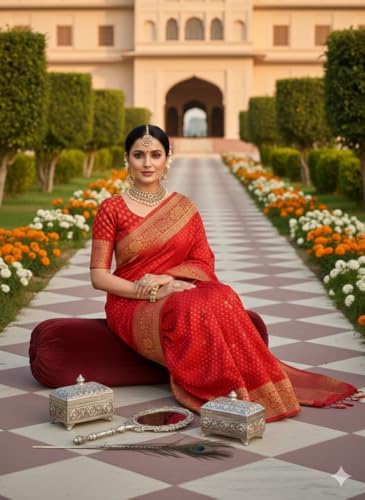 Image of Kanjivaram Silk Saree for Women - Handloom Floral Weaving, Contrast Border, Heavy Gold Zari Rich Pallu, Traditional Designer Wedding & Festive Saree with Blouse Piece