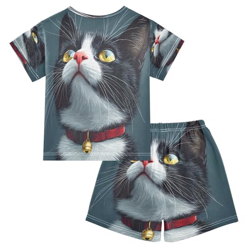 ALAZA Black White Cat Kitten Animal Funny Pajamas Set Short Sleeve Cotton Sleepwear Summer Pjs 2 Piece 5-14Y2