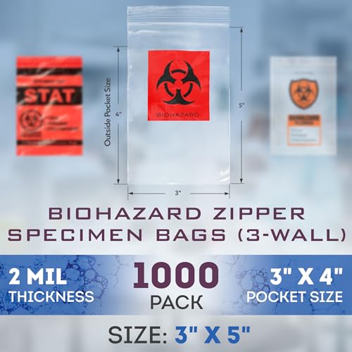 Image of APQ Biohazard Specimen Bags, 3 x 5 Inch, Pack of 1000 Clear Zipper, 3 Wall Polyethylene, 2 Mils Thick, Transport Bag