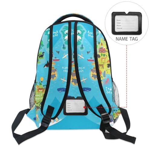 Blue Animal World Map Backpacks for Girls Boys Elementary School Bag Kids Bookbag Personalized Travel Daypack Students Rucksack with Multiple Pockets 17in2