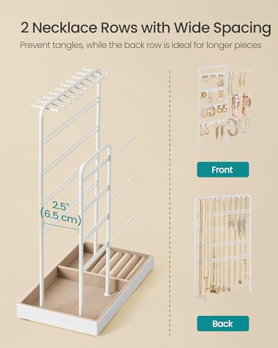 Image of SONGMICS Necklace Holder, Jewelry Stand Holder Organizer, Jewelry Display with Metal Frame, Velvet Tray, Earring Bracelet Holder, for Gift Idea, 5.5 x 9.4 x 14.1 inch, Matte White UJJS028W01
