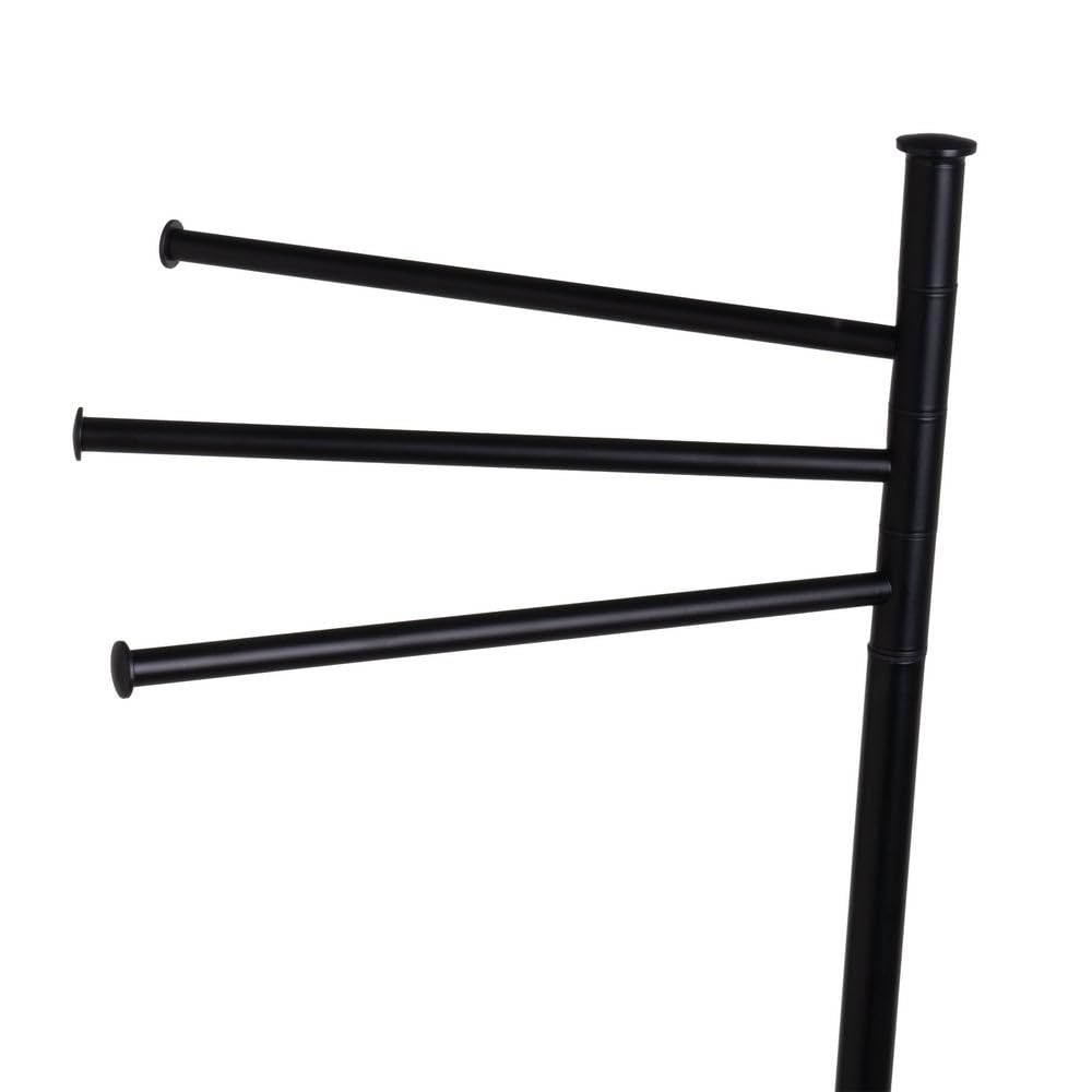 Toallero de pie con 3 Brazos de Metal Negro con Acabado Mate. Diámetro Base: 22 cm. Altura de Cada Brazo: 68 cm, 73 cm y 77 cm. Soporta 10 kg. Requiere Montaje
