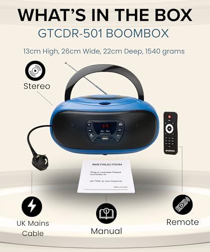 Grouptronics Small Portable CD Player For Home With Speakers – Boombox Mains Or Battery Powered, FM Radio, Supports MP3 Audio Books & Music, Compact & Easy To Use - With USB & AUX IN - GTCDR-501 - Image 7