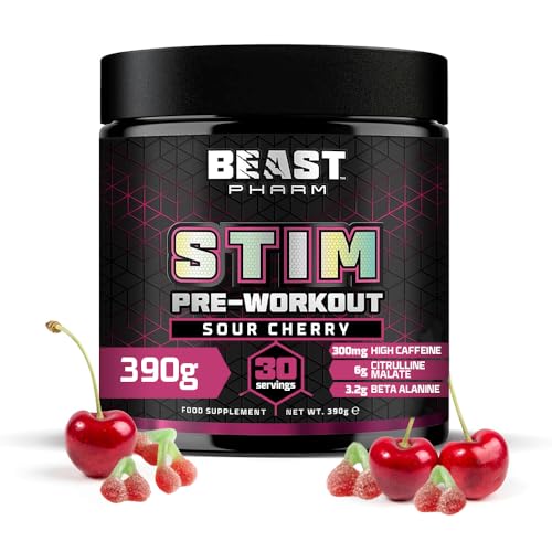Beast Stim Pre Workout Powder - 30 Servings - Gym Supplements for Men and Women 390g - Beta Alanine Preworkout - Sour Cherry