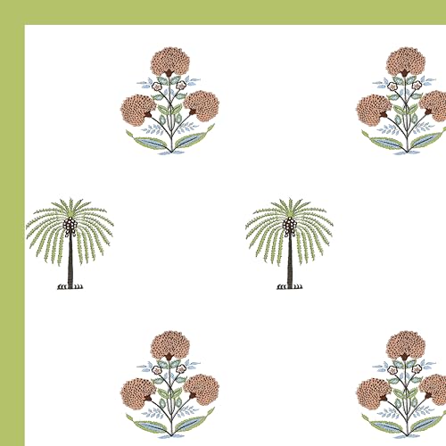 Image of BLOCKS OF INDIA Hand Block /Batik Print Rectangular Table Cloth for 6 Seater Dining Table (60 Inch X 90 Inch)(Open Green Motifs)